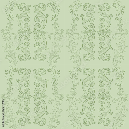 Elegant seamless pattern with vintage baroque scrolls and hand-drawn flourishes in soft green tones. Perfect for wallpapers, textile design, classic decor, or antique-inspired branding. This high