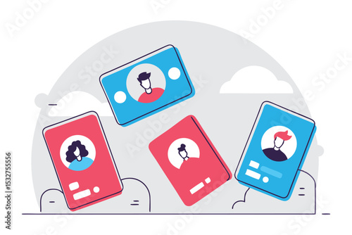 Rounded-edge business cards, avatars, and logos floating and rotating in soft 3D space
