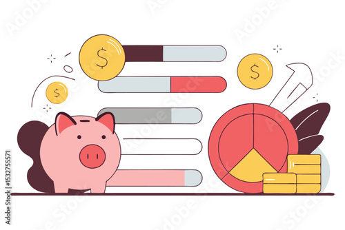 Soft-budgeting tools like rounded piggy banks, slider bars, and pie slices with smiling faces