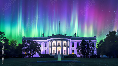 Aurora borealis illuminates the white house washington d.C. Night photography magical atmosphere wide angle nature's wonder