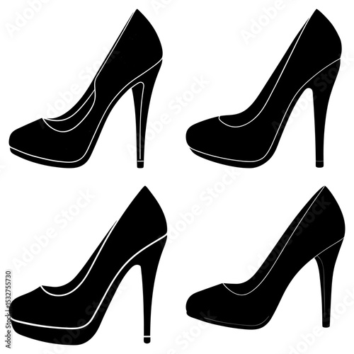 Four black high heel shoes arranged in a square pattern on a white background in a simple graphic style