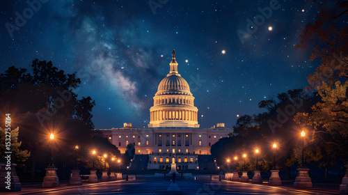 Nighttime capitol building elegantly illuminated washington d.C. Architecture urban landscape front view government design