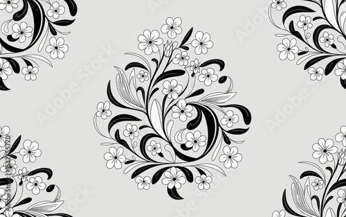 Ukrainian Petrykivka Style, Folk Art Pattern, Floral Arrangement with Black and White Flowers and Leaves on Light Gray Background