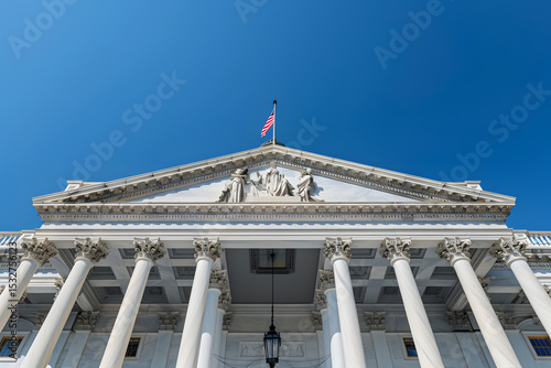 Historic government building facade downtown city architectural photography clear sky low angle civic pride
