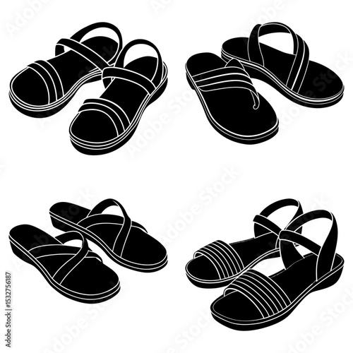 Four pairs of black sandals with different strap styles arranged on a white background in a flat lay view