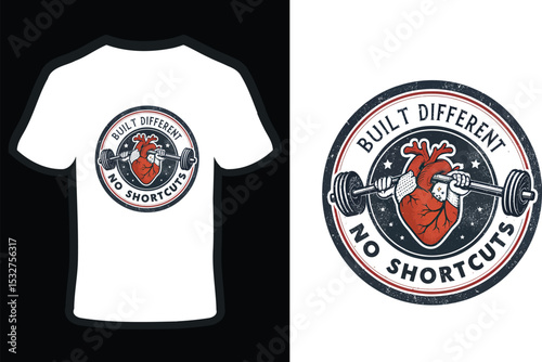 A heart weightlifting a barbell with text built different no shortcuts