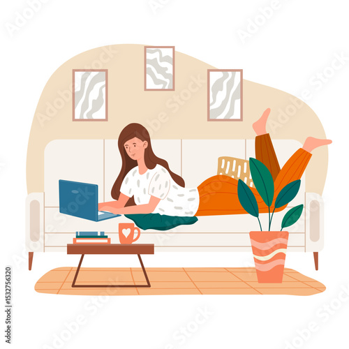 Woman relaxes on couch at home using laptop for work or leisure time