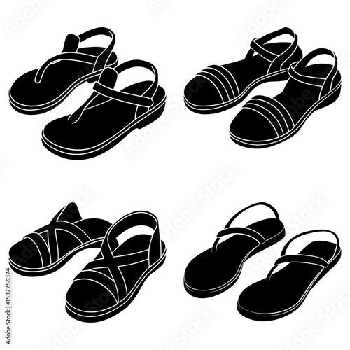 Four pairs of black sandals with different strap designs arranged against a white background showing footwear
