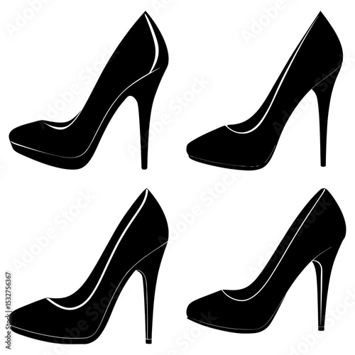 Four black high heel shoes arranged in a square pattern on a white background in a simple graphic style