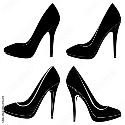 Four black high heel shoes arranged in a square pattern on a white background showing fashion and style