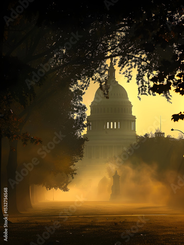 Misty sunrise creating silhouettes of capitol building washington d.C. Photography outdoor atmospheric scenic view