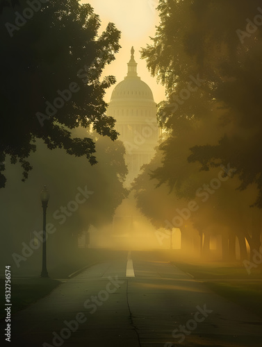 Misty morning scene united states capitol landscape photography foggy atmosphere serene viewpoint historical concept