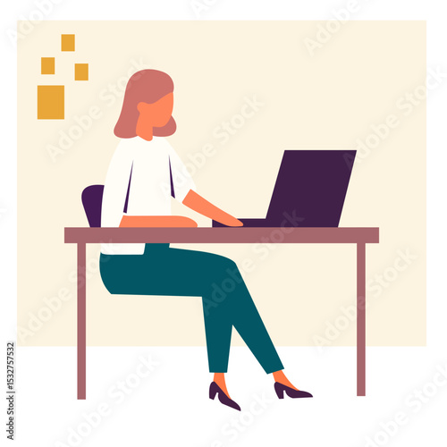 Woman working on laptop at desk in modern office workspace illustration