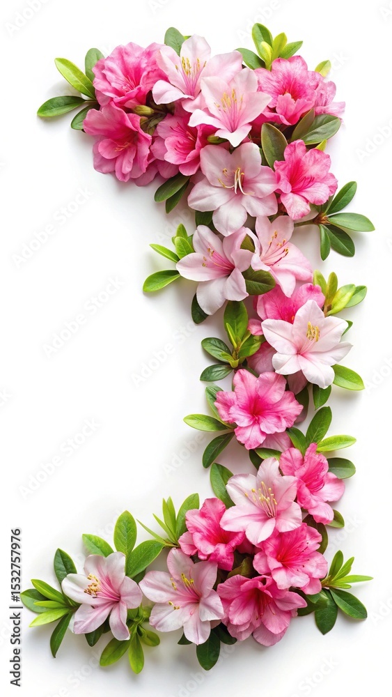 Elegant Arrangement of Pink Azalea Flowers and Green Leaves on White Background Elegant Arrangement of Pink Azalea Flowers and Green Leaves on White Background