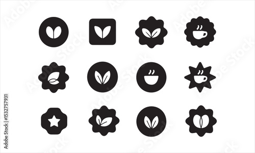 Set of Simple Black and White Tea and Coffee Logos, A collection of minimalist logos featuring tea leaves, coffee beans, and coffee cups vector art on white