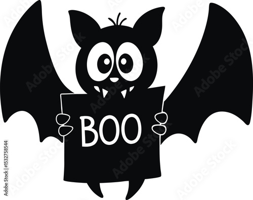 Cute cartoon black kitten and funny Halloween bat vector illustration
