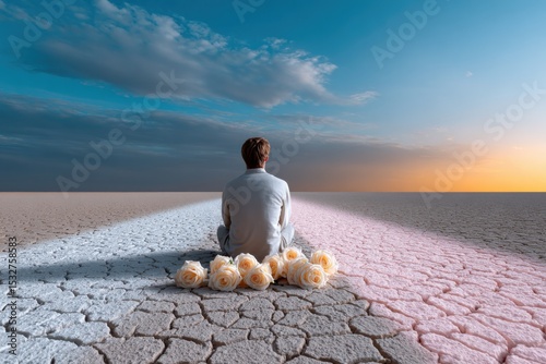 Solitary Man Meditating on Cracked Earth With Roses, Representing Loss, Grief, and Remembrance for Memorials and Condolences : Generative AI
