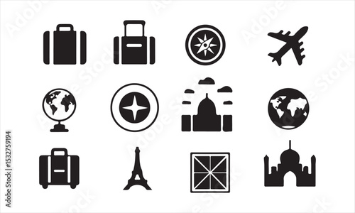 Collection of Travel and Landmark Icons in Simple Black Style, A set of black and white travel-related icons, including suitcases, airplanes, globes, landmarks (Eiffel Tower, Taj Mahal, US Capitol Bui