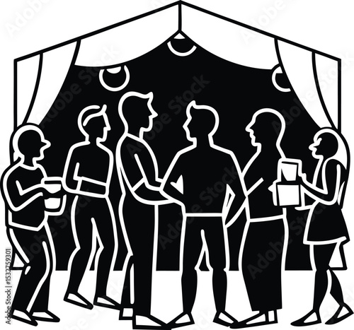 Group of business people silhouettes walking and standing in a restaurant setting vector illustration