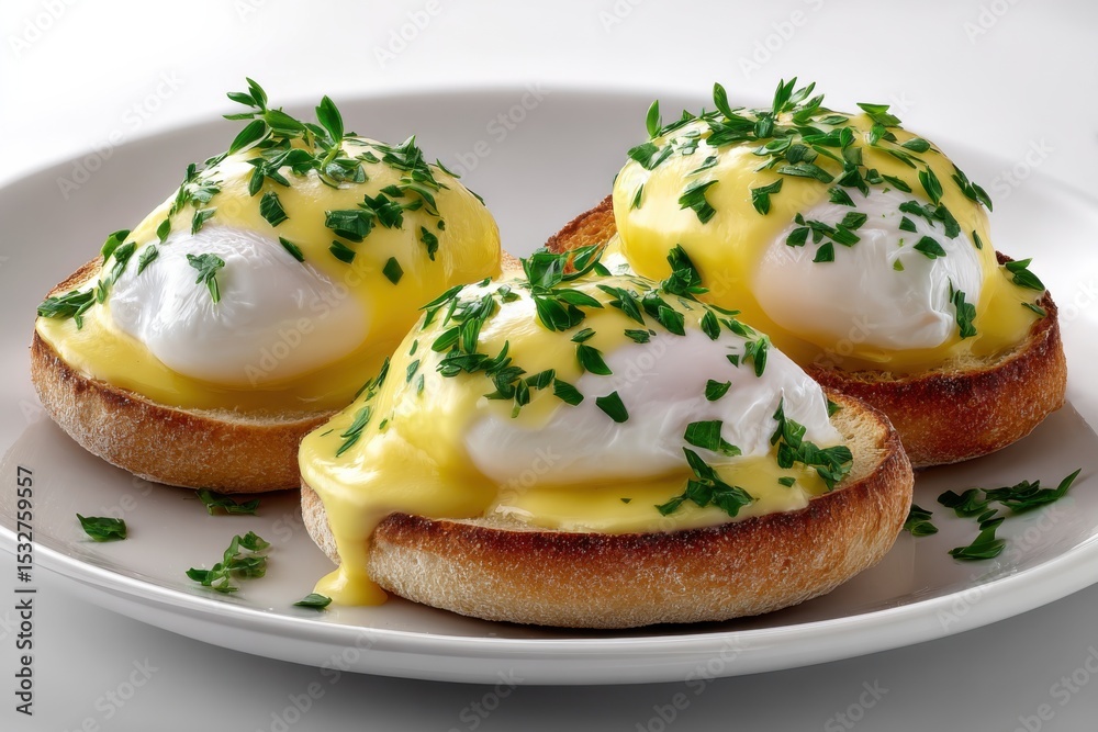 Three Eggs Benedict on a White Plate, Representing Culinary Artistry and a Delicious Brunch Experience for Food Bloggers : Generative AI Three Eggs Benedict on a White Plate, Representing Culinary Artistry and a Delicious Brunch Experience for Food Bloggers : Generative AI