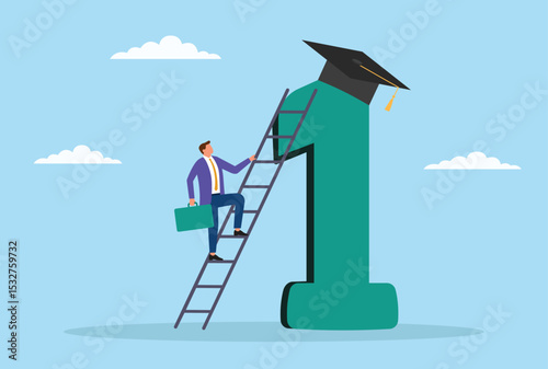 Vector illustration of a businessman climbing a ladder toward a 1st place award and graduation cap, symbolizing the journey of growth, success, and educational achievement