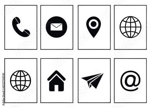 A collection of eight minimalist contact icons arranged in a grid featuring symbols for phone email location website home paper airplane and at symbol