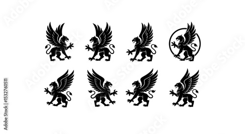 Heraldic Gryphon Emblems: A series of intricate, black gryphon emblems, embodying strength, power, and grace in a timeless, minimalist style. Suitable for heraldry, branding, and design applications.