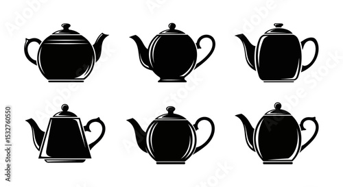 The Art of Teatime: Six elegant, stylized teapots exude timeless charm and sophistication, creating a visual celebration of the beloved tradition. 