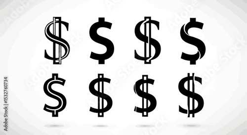 Dollar Sign Variations: A collection of diverse dollar signs, illustrating financial concepts, wealth, and the symbol of monetary value, ideal for economic themes.