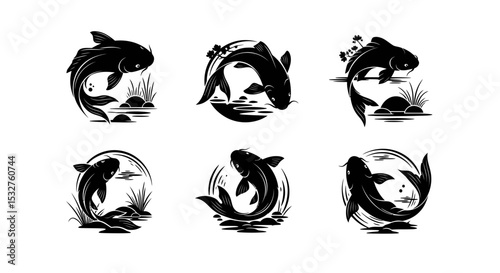 Koi Fish Silhouettes: A Collection of stylized koi fish silhouettes gracefully adorns a collection, embodying concepts of perseverance and fortune.