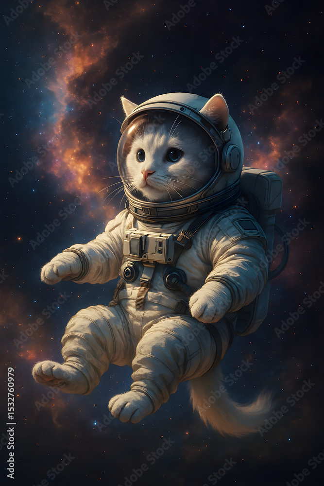 Fototapeta An adorable cat dressed as an astronaut floating in space with a stunning cosmic background.