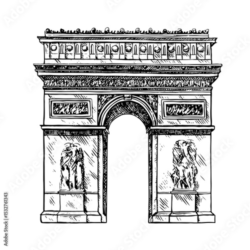 The Arc de Triomphe of the Star. Vector graphics, black and white hand-drawn illustration. Isolate on a white background. A famous monument in Paris, France. For banners, flyers, and posters.