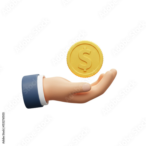 3D hand cupping a glowing dollar coin on a clean white background, symbolizing finance, savings, and investment.