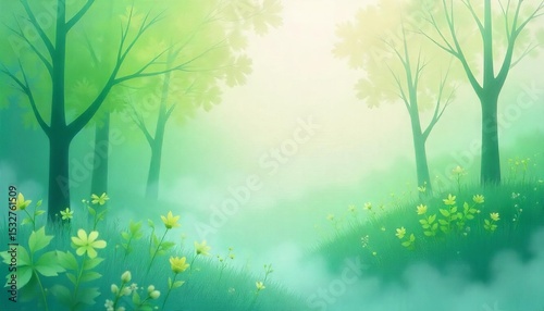 Whispers of Green: A serene scene unfolds in a tranquil forest, with lush green trees and delicate wildflowers enveloped in a soft mist.