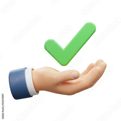 A 3D hand holding a large green checkmark, representing approval or success.
