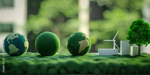 Eco-friendly concept with green globes, wind turbine, and tree symbolizing sustainable energy and environmental conservation
