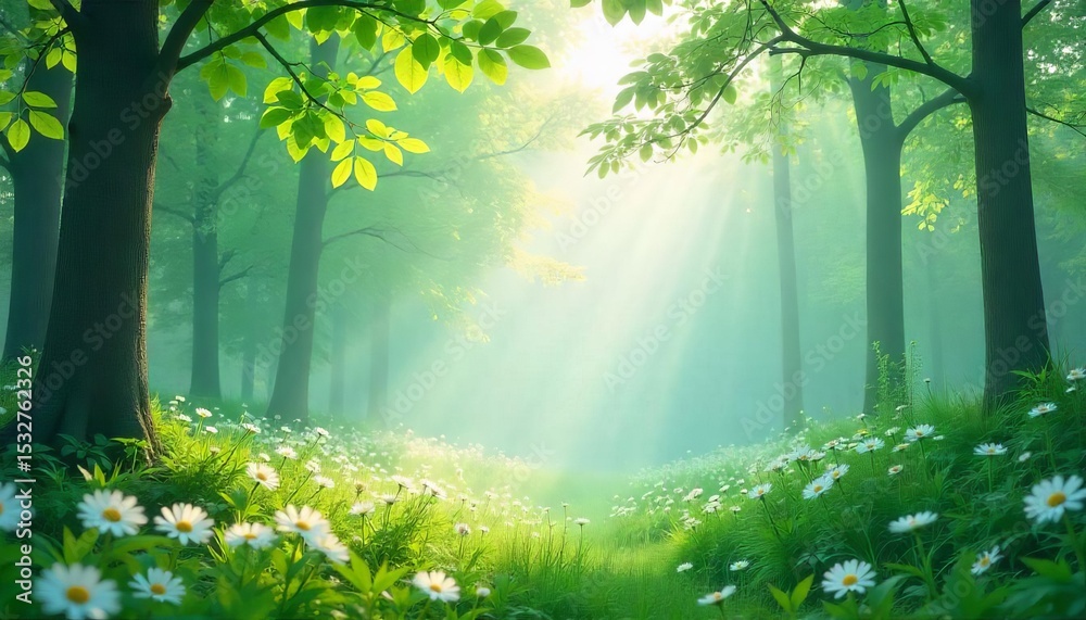 Fototapeta premium Sunlit Forest Haven: A breathtaking natural sanctuary unfolds, where sunlight streams through towering trees, illuminating a path strewn with wildflowers, inviting exploration and serenity.