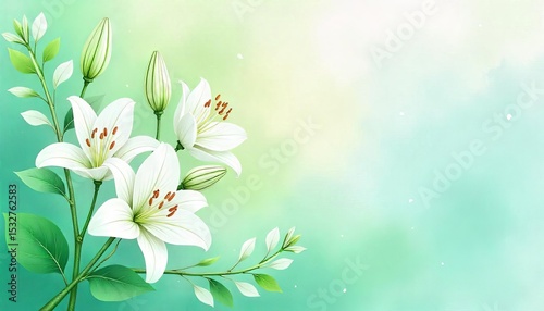 Ethereal Lily: Delicate white lilies in full bloom with their vibrant green leaves, the perfect embodiment of purity and serenity, against a softly painted, pastel backdrop. 