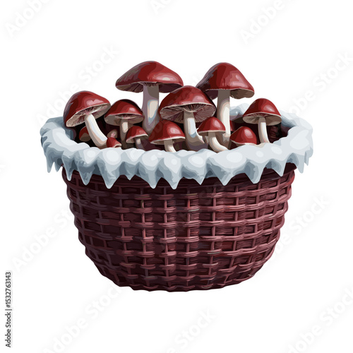 Woven basket filled with assorted mushrooms and ice for foraging concept