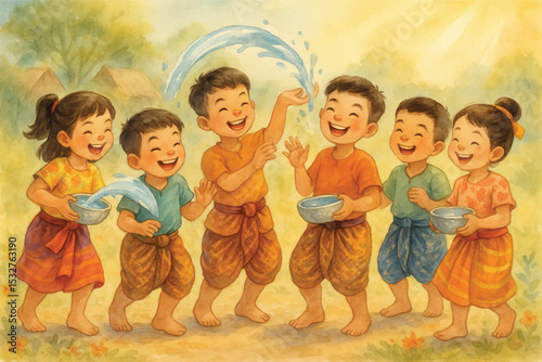 Thai Kids Splashing Water During Songkran in Traditional Clothing – Watercolor Style