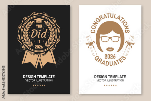 Set of posters and banners for class of 2026 graduation. Vector. Congratulations graduates banner sticker card with academic hat for high school or college graduation