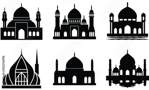 Bruneian Mosque Silhouette Vector Set – Elegant Islamic Architecture Featuring Domes, Minarets, and Traditional Malay Design Elements from Brunei