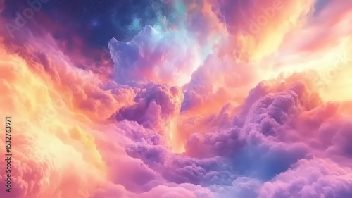 Vibrant clouds illuminated by a sunset, showcasing a colorful sky with ethereal hues and depth