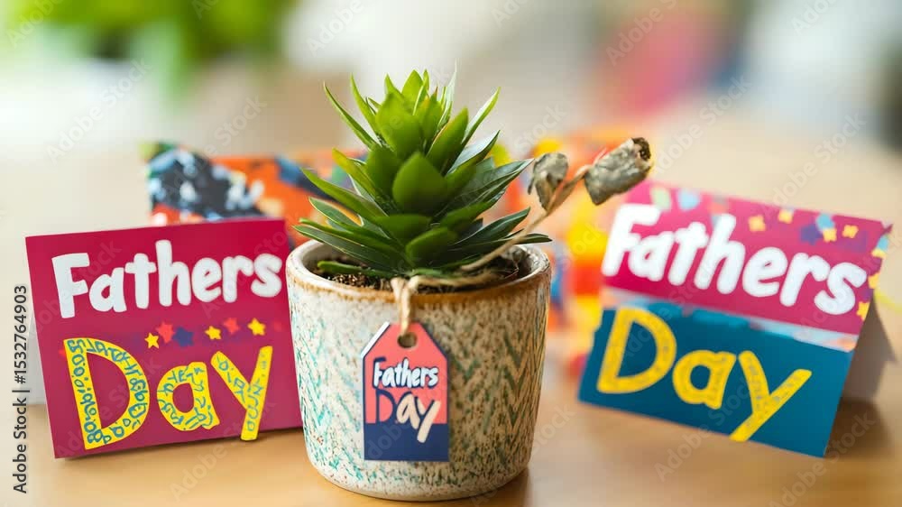 A mini indoor plant in a ceramic pot with dad-themed tag arranged with festive props and a vibrant text 