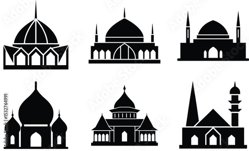 Malaysian Mosque Silhouette Vector Set – Traditional and Modern Islamic Architecture with Minarets, Domes, and Cultural Motifs from Malaysia

