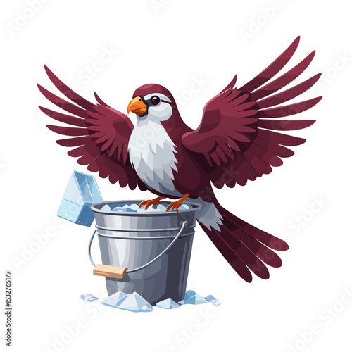 Playful bird standing on a bucket filled with ice for creative design concept