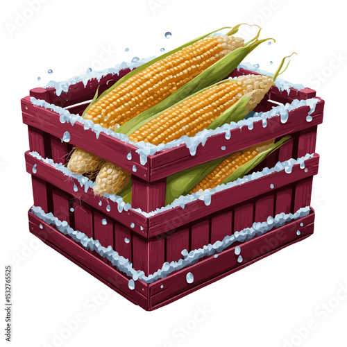 Wooden crate filled with fresh corn on the cob and ice for harvest concept