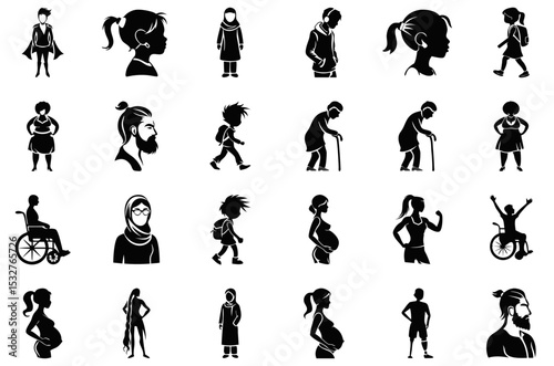 Inclusive diversity people icon set — pregnant women, seniors, kids, hijabi women, disabled youth concept for healthcare, family planning, social campaign visuals