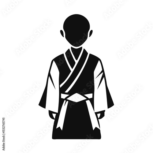 Boy wearing martial arts kimono shown in front-facing silhouette pose, hands by sides. karate, taekwondo or dojo school concept. children’s sports club, martial arts branding, training program concept