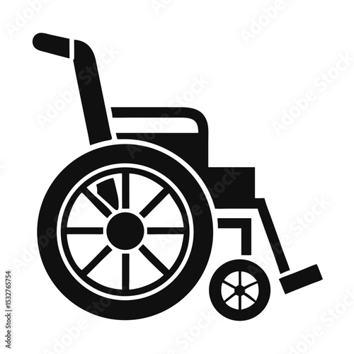 Black icon of manual wheelchair with large and small wheels, symbolizing mobility assistance and accessibility. medical app, disability rights, healthcare interface concept